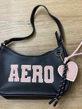 AERO Black & Rose Pink Shoulder Bag – Embroidered Logo & Heart Charm